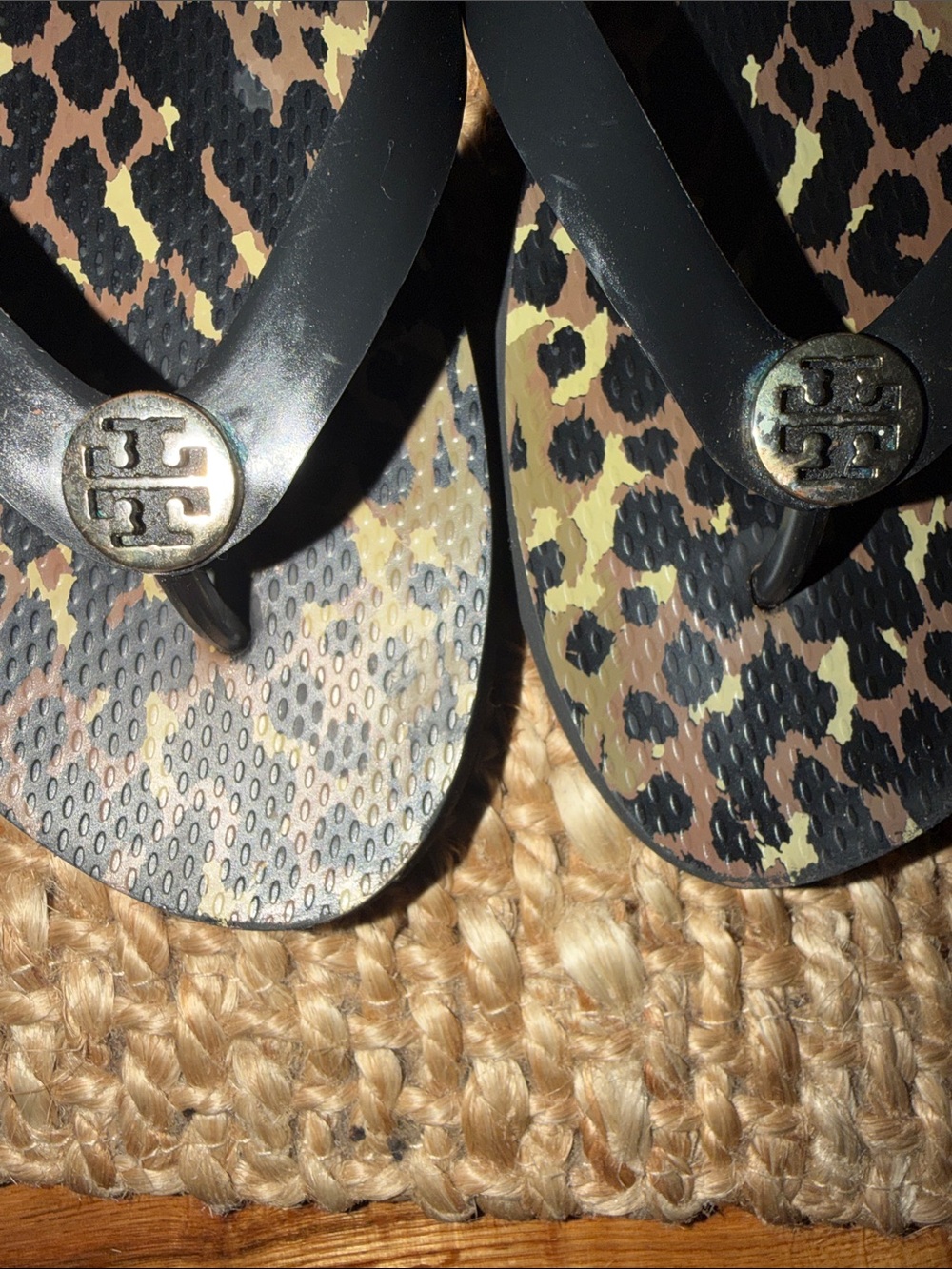 Tory Burch Black-Strap Flip Flops with Leopard Print Footbed - Picture 2 of 3